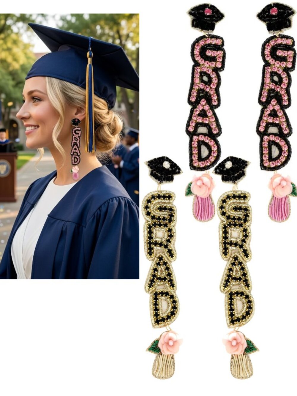 4" Long Graduation Congrats Day Pink or Gold Rhinestone Beaded Earrings NEW